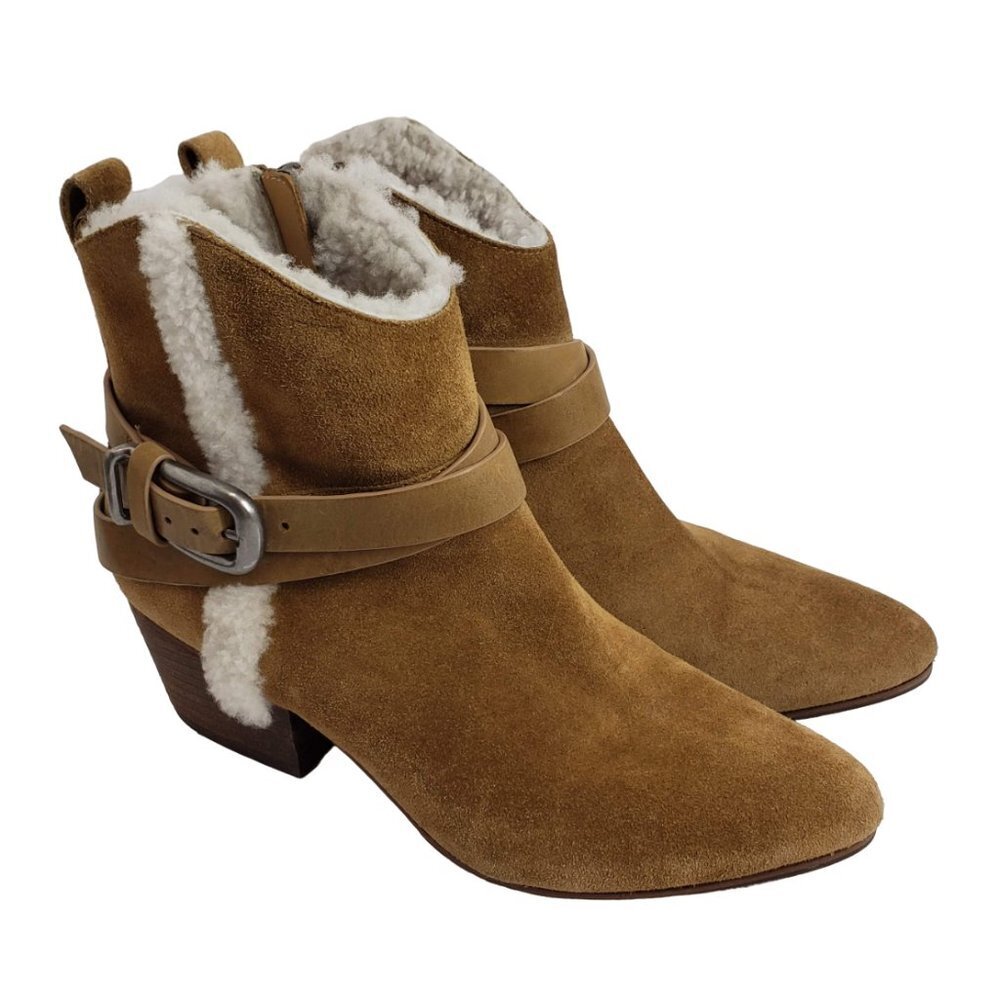 BELLE by Sigerson Morrison Fur Trimmed Suede Ankle Boots 7.5 B Tan Sand Neutral